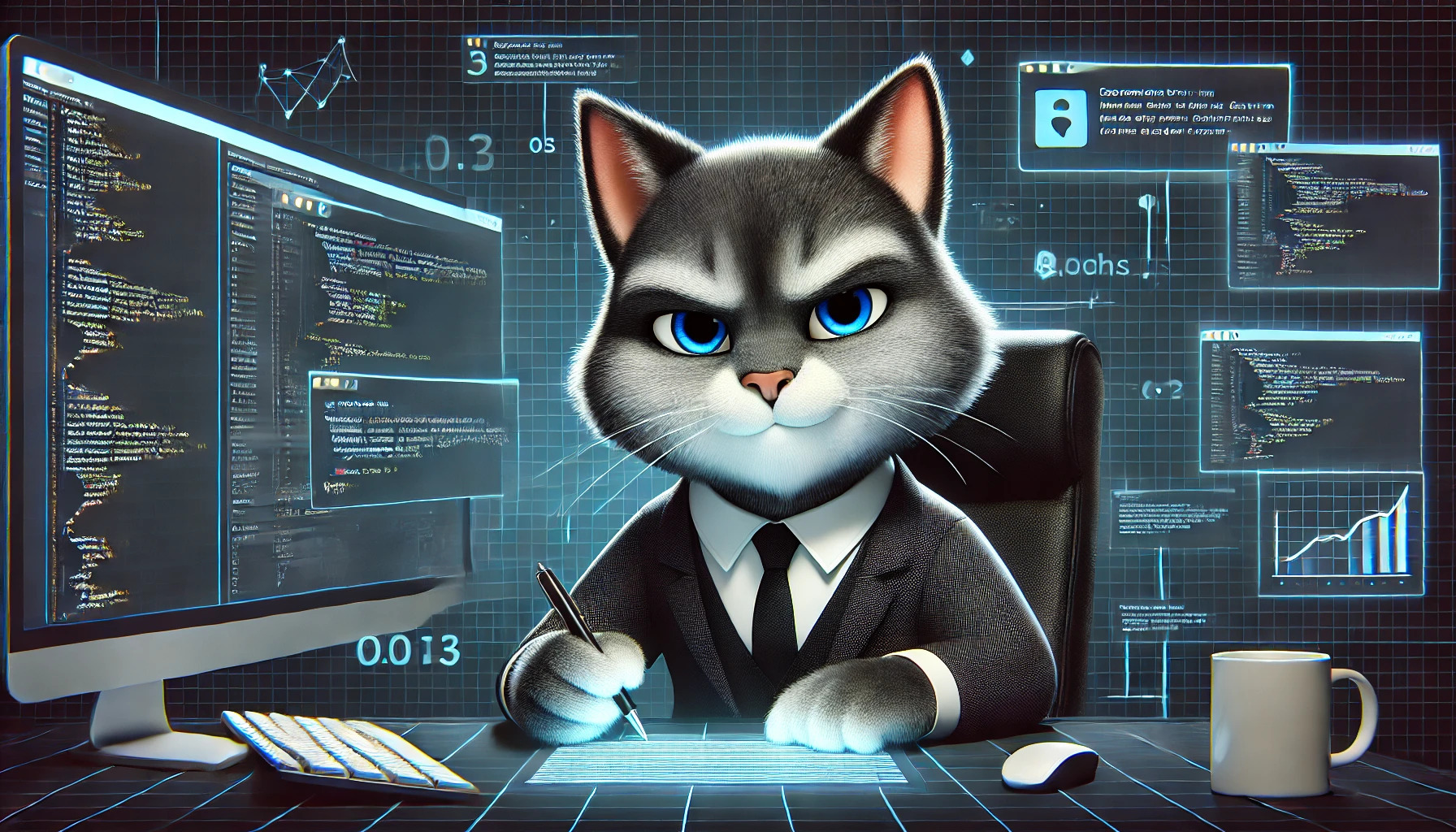 Kendinden emin bakış atan ve dijital ortamda bulunan gri tüyleri olan Kodcat maskotu olan kedi