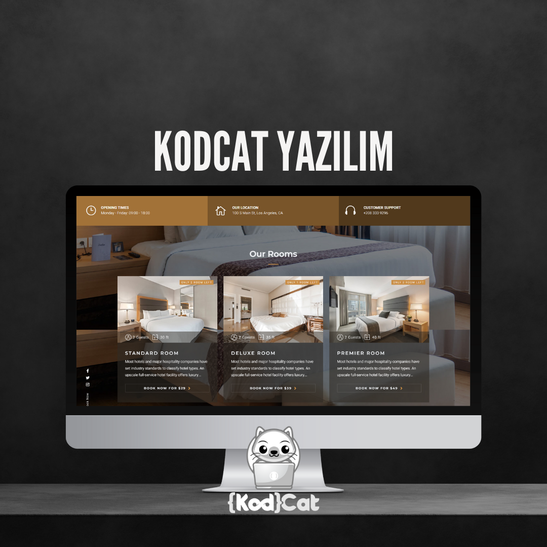 Mersin'de web tasarım ve dijital pazarlama hizmeti veren Kodcat Bilişim tarafından geliştirilen Otel Pansiyon Websitesi Görseli