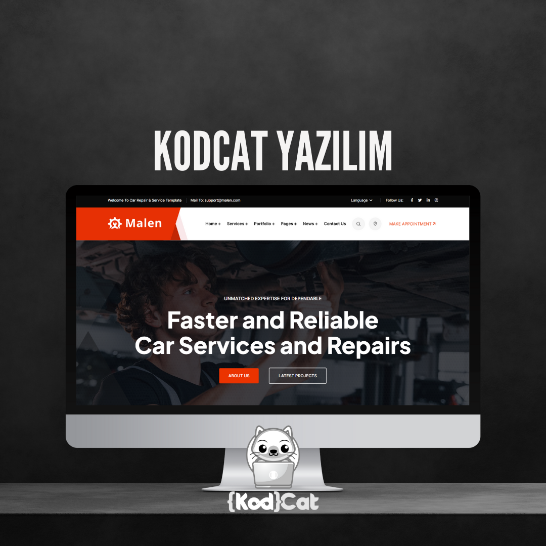 Mersin'de web tasarım ve dijital pazarlama hizmeti veren Kodcat Bilişim tarafından geliştirilen Oto Tamir Websitesi Görseli