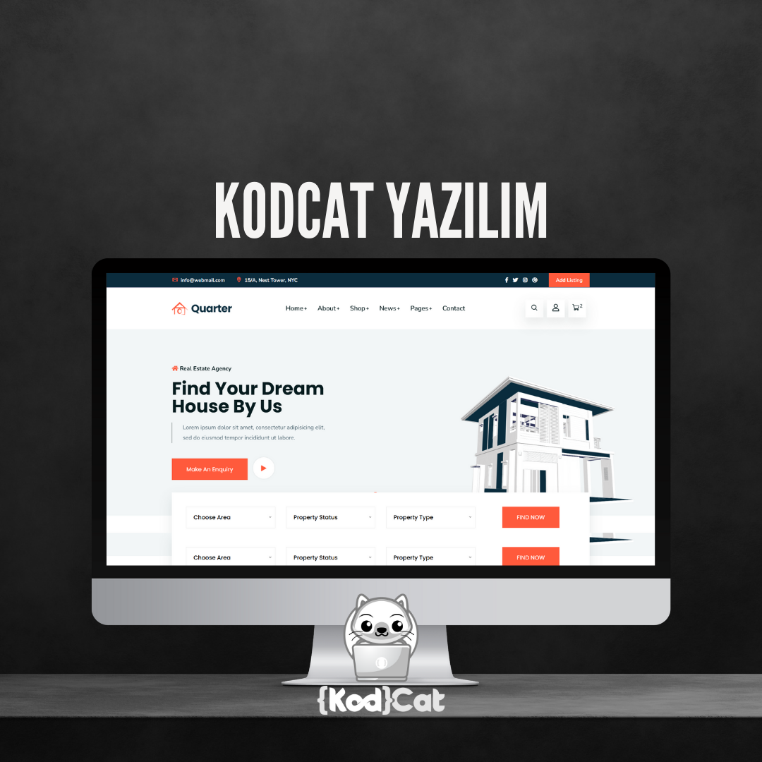 Mersin'de web tasarım ve dijital pazarlama hizmeti veren Kodcat Bilişim tarafından geliştirilen Emlak Websitesi Görseli