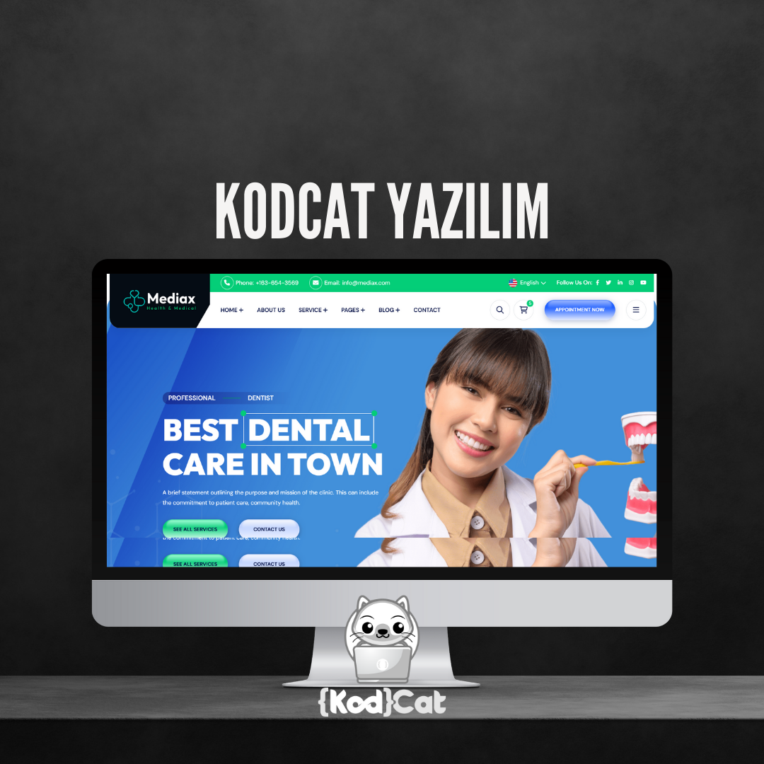 Mersin'de web tasarım ve dijital pazarlama hizmeti veren Kodcat Bilişim tarafından geliştirilen Diş Poliklinikliği Websitesi Görseli