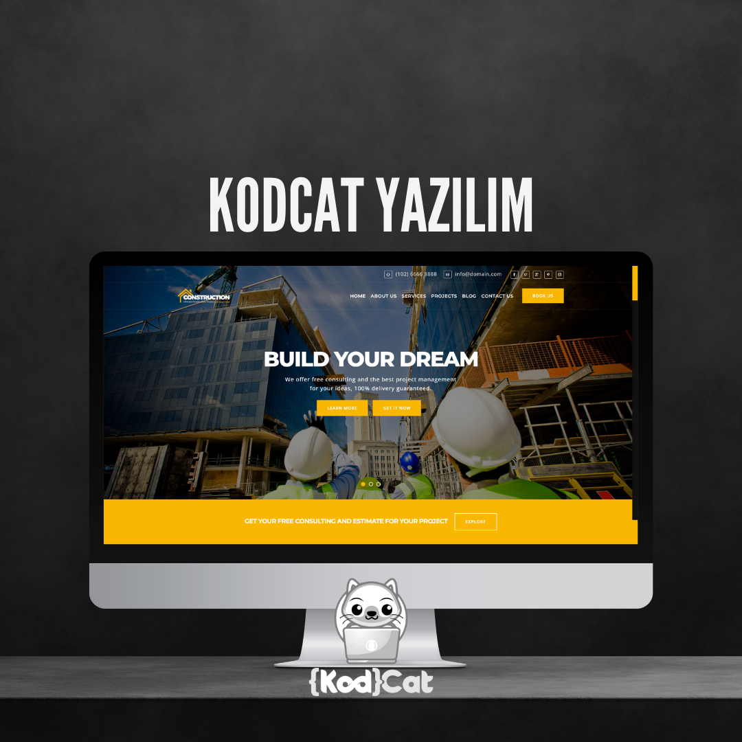 Mersin'de web tasarım ve dijital pazarlama hizmeti veren Kodcat Bilişim tarafından geliştirilen İnşaat Website Görseli